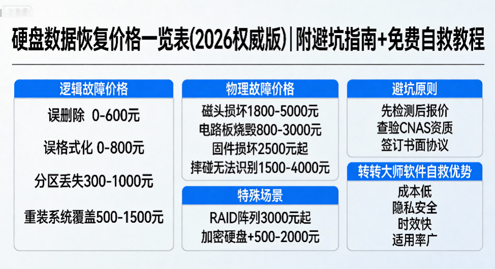 硬盘数据恢复价格一览表（2026权威版）｜附避坑指南+免费自救教程