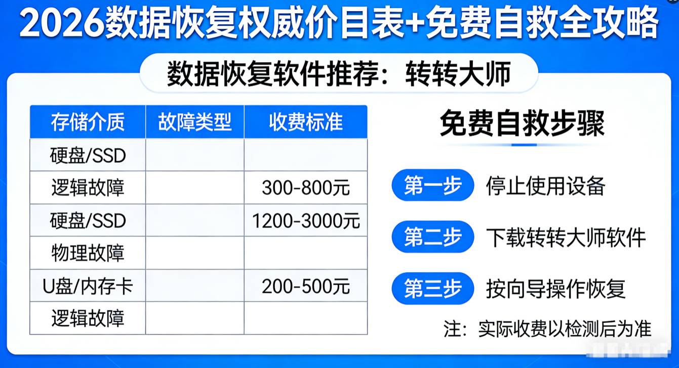 数据恢复一般需要收费多少？2026权威价目表+免费自救全攻略！